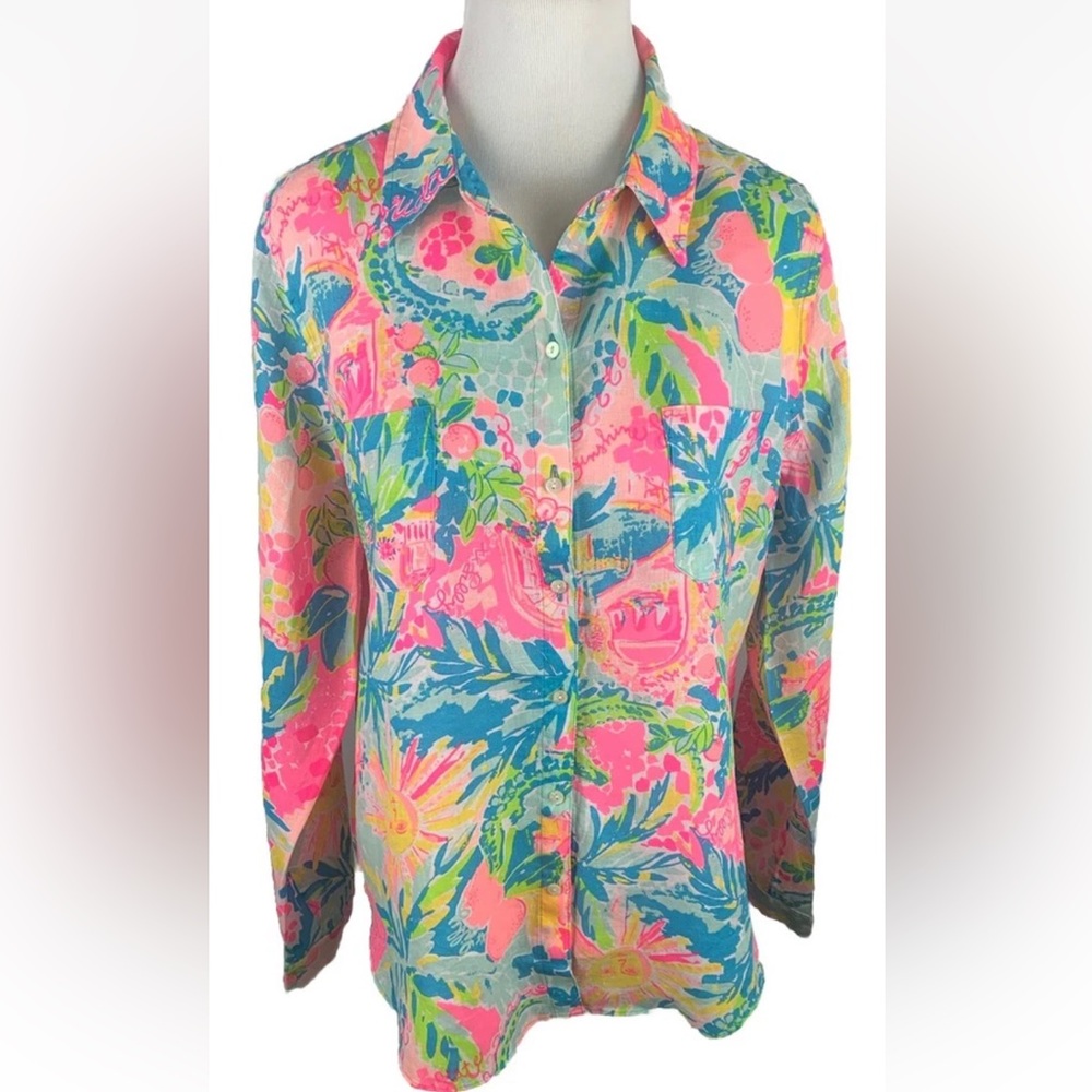 Lilly Pulitzer Sea View Linen Button Down Shirt NWOT Sunshine state of Mind Sz L